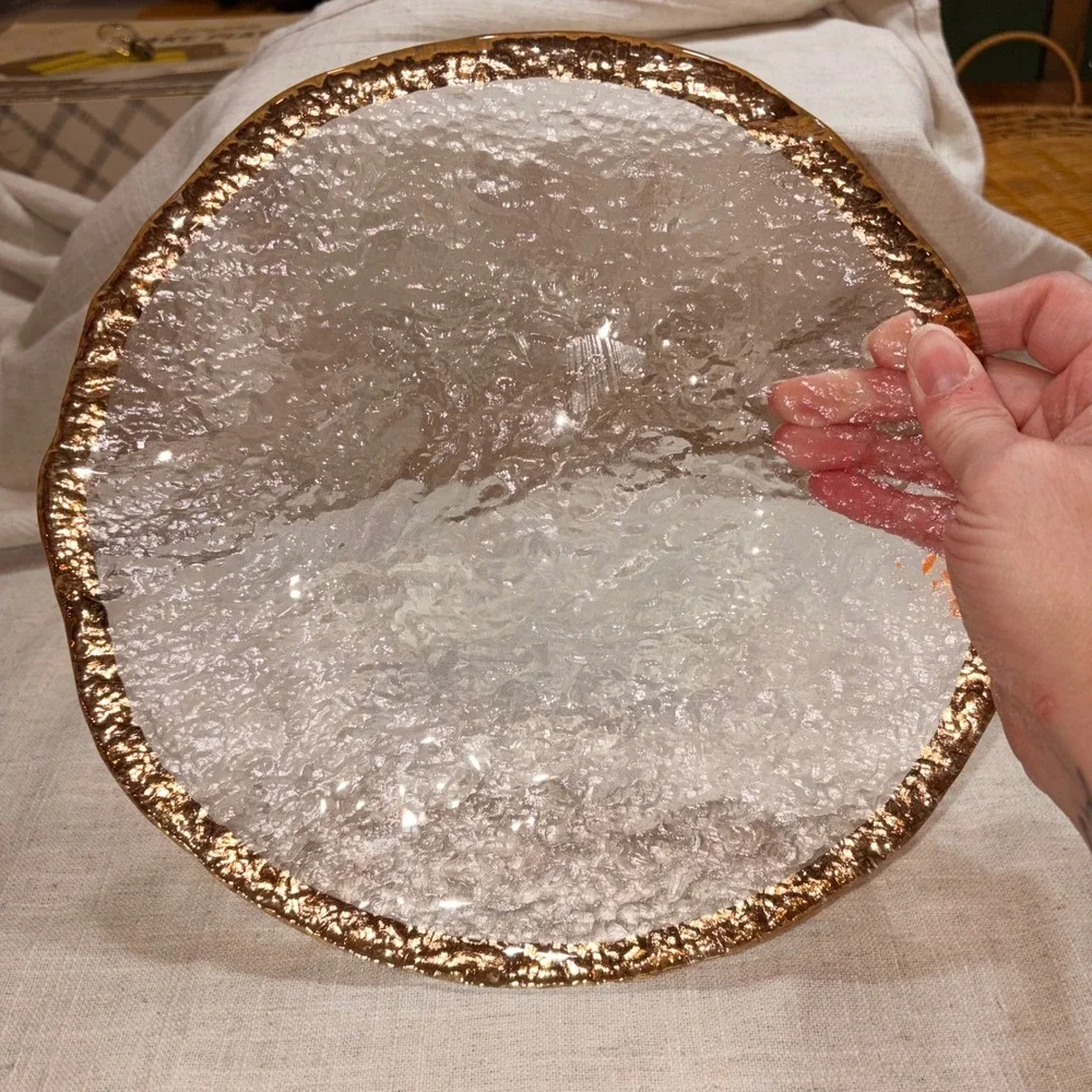 Glacier Glass Gold Rim Textured Clear Round‎ 10 inch